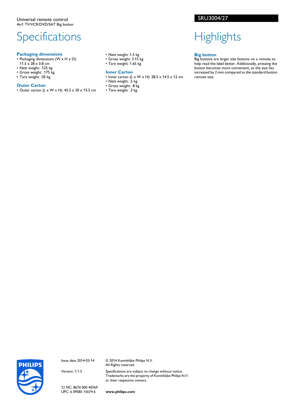 Specifications, Highlights | Philips SRU3004-27 User Manual | Page 2 / 2