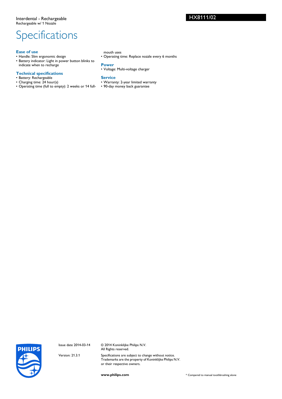 Specifications | Philips HX8111-02 User Manual | Page 3 / 3