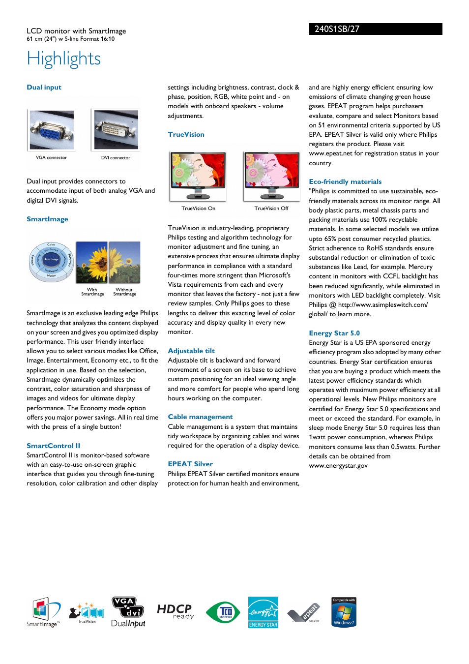 Highlights | Philips 240S1SB-27 User Manual | Page 2 / 3