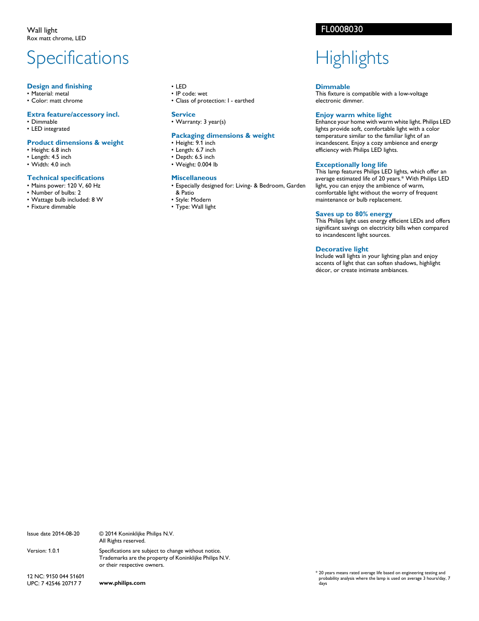 Specifications, Highlights | Philips FL0008030 User Manual | Page 2 / 2