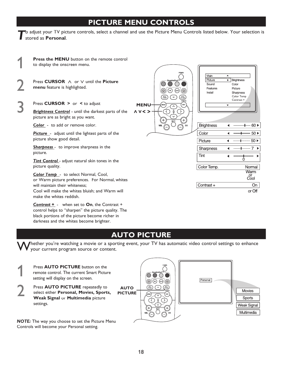 Picture menu controls, Auto picture | Philips 20PT6446-37 User Manual | Page 18 / 36