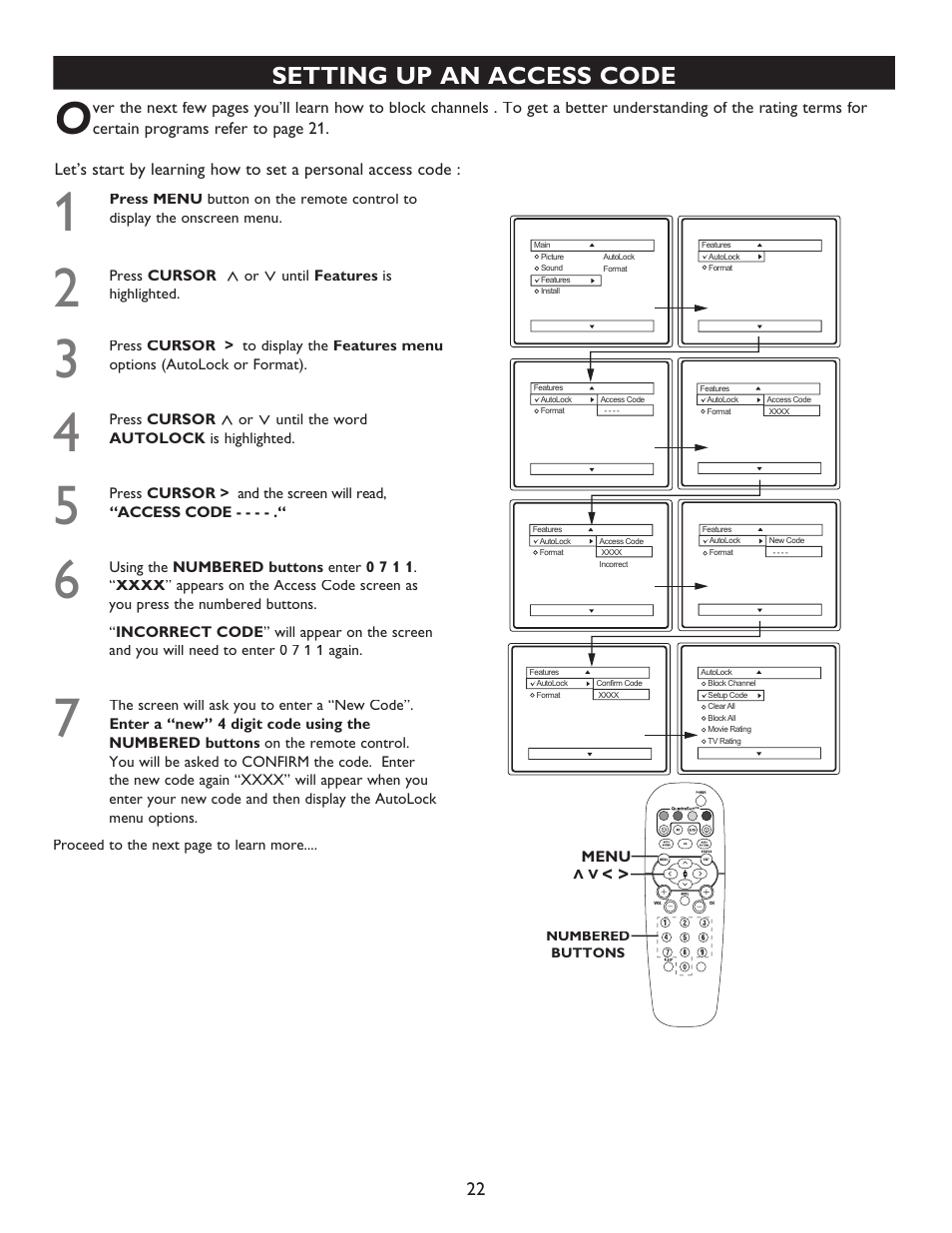 Setting up an access code | Philips 20PT6446-37 User Manual | Page 22 / 36