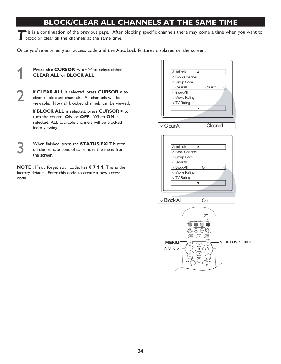 Block/clear all channels at the same time | Philips 20PT6446-37 User Manual | Page 24 / 36