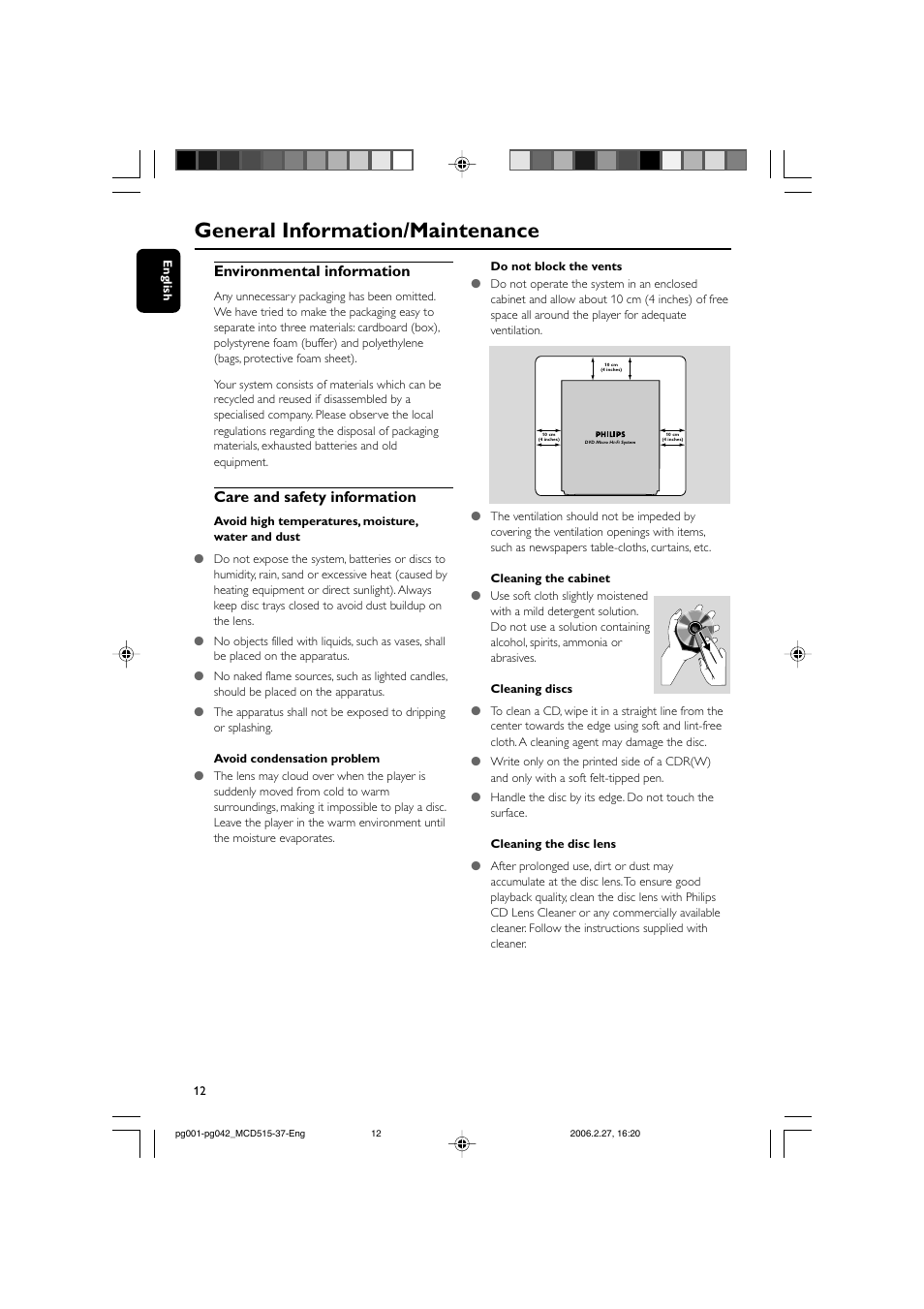 General information/maintenance, Environmental information, Care and safety information | Philips MCD515-37 User Manual | Page 12 / 42