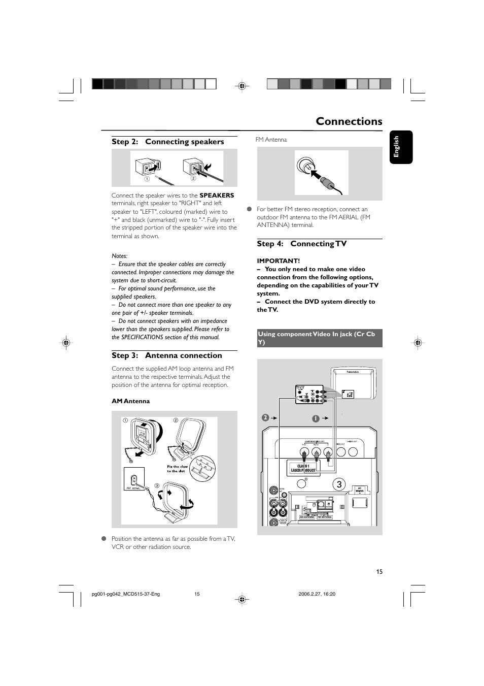 Connections, Step 4: connecting tv, Step 2: connecting speakers | Step 3: antenna connection | Philips MCD515-37 User Manual | Page 15 / 42