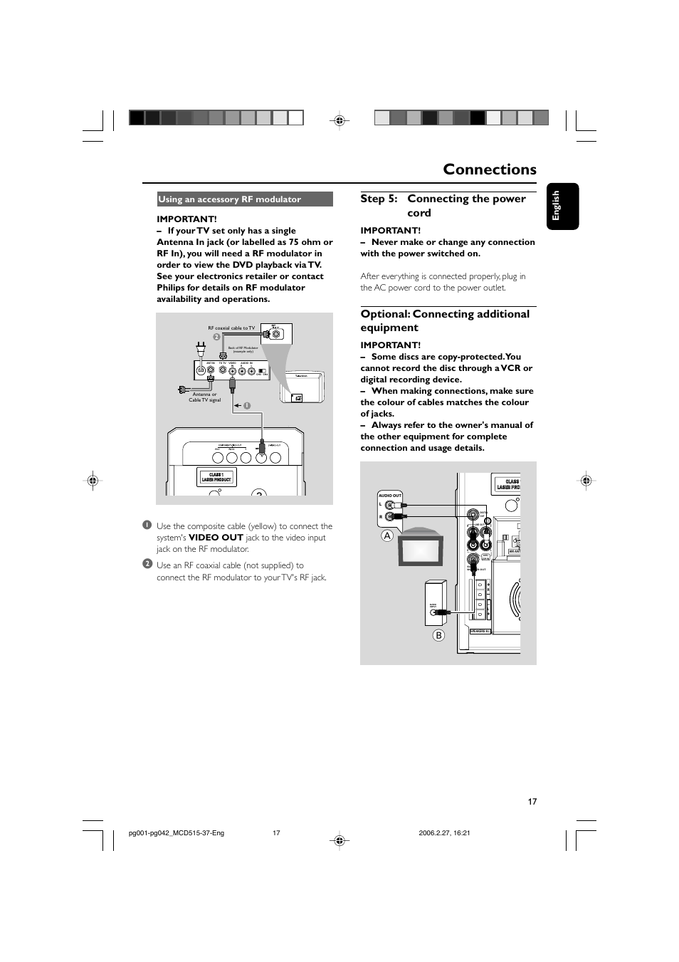 Connections, Step 5: connecting the power cord, Optional: connecting additional equipment | Philips MCD515-37 User Manual | Page 17 / 42