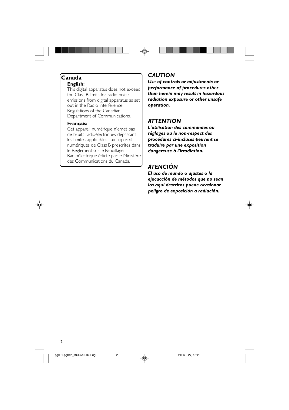 Canada, Caution, Attention | Atención | Philips MCD515-37 User Manual | Page 2 / 42