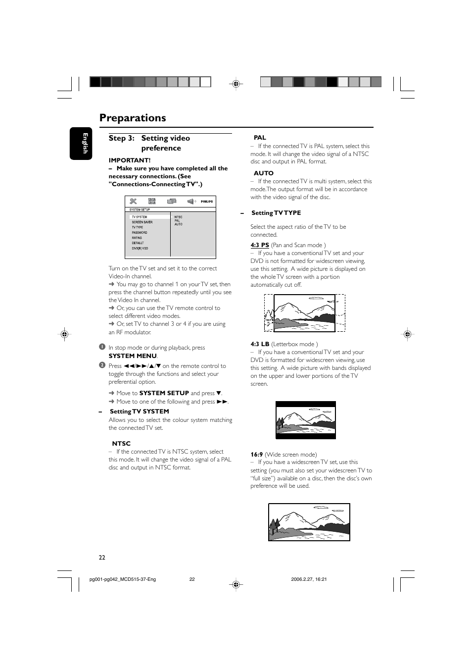 Preparations, Step 3: setting video preference | Philips MCD515-37 User Manual | Page 22 / 42