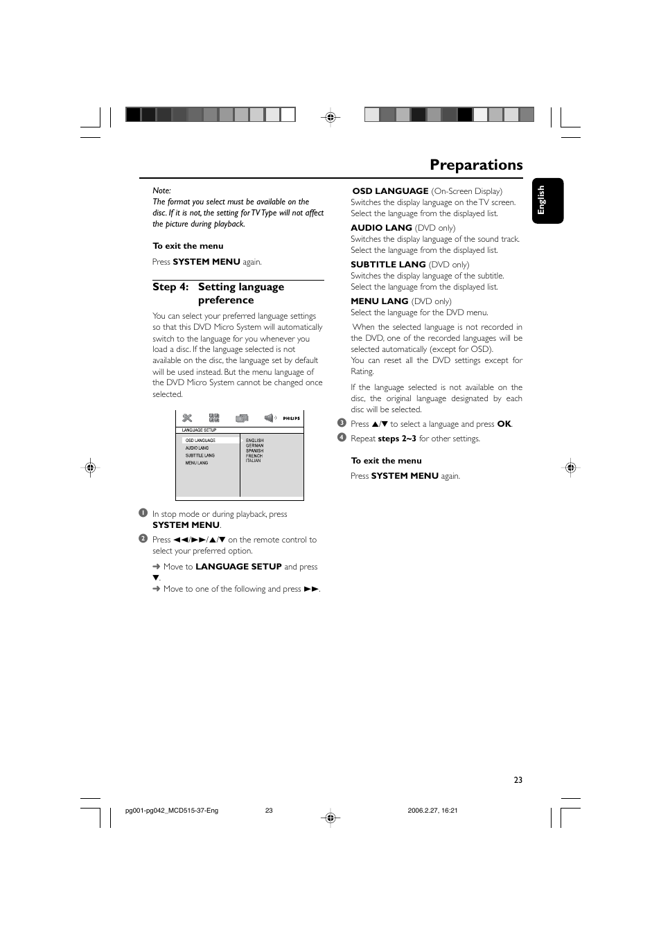 Preparations, Step 4: setting language preference | Philips MCD515-37 User Manual | Page 23 / 42