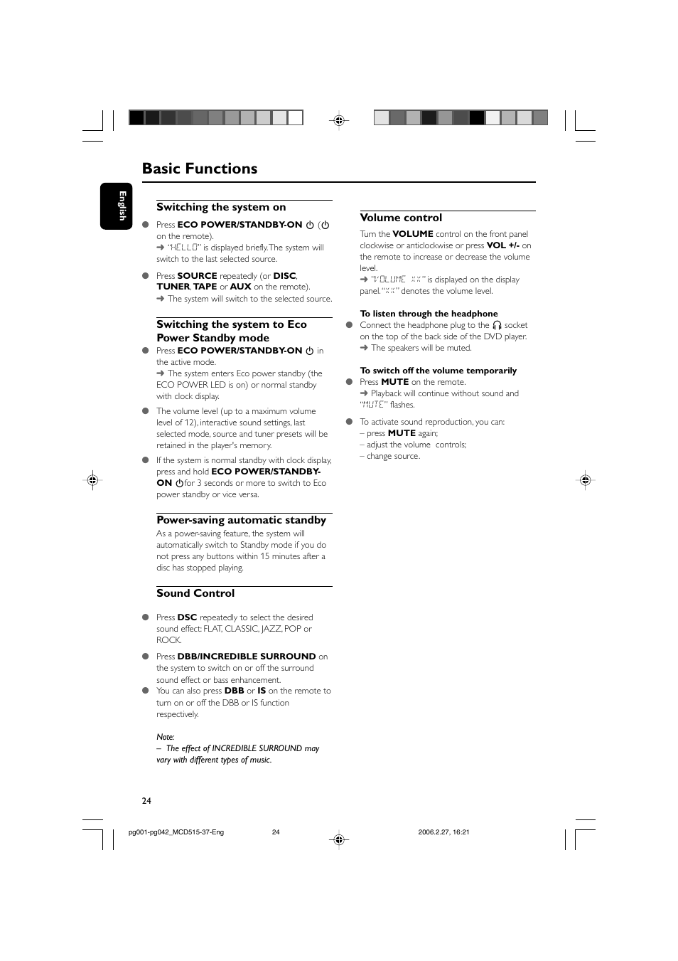 Basic functions, Switching the system on, Switching the system to eco power standby mode | Power-saving automatic standby, Sound control, Volume control | Philips MCD515-37 User Manual | Page 24 / 42