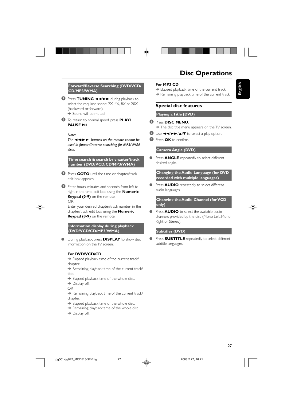 Disc operations, Special disc features | Philips MCD515-37 User Manual | Page 27 / 42