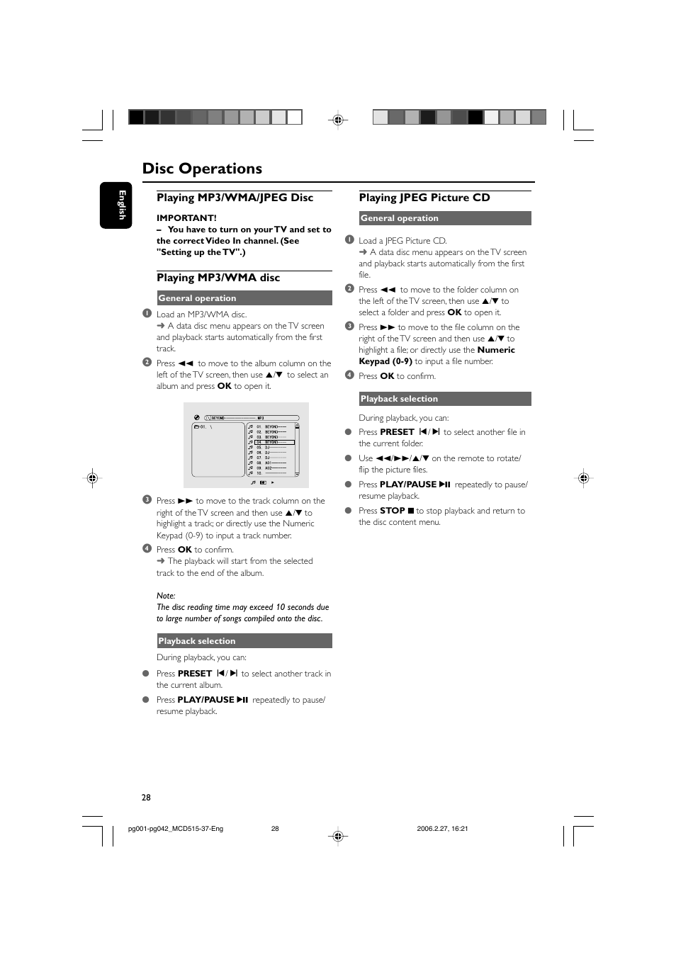 Disc operations, Playing mp3/wma/jpeg disc, Playing mp3/wma disc | Playing jpeg picture cd | Philips MCD515-37 User Manual | Page 28 / 42