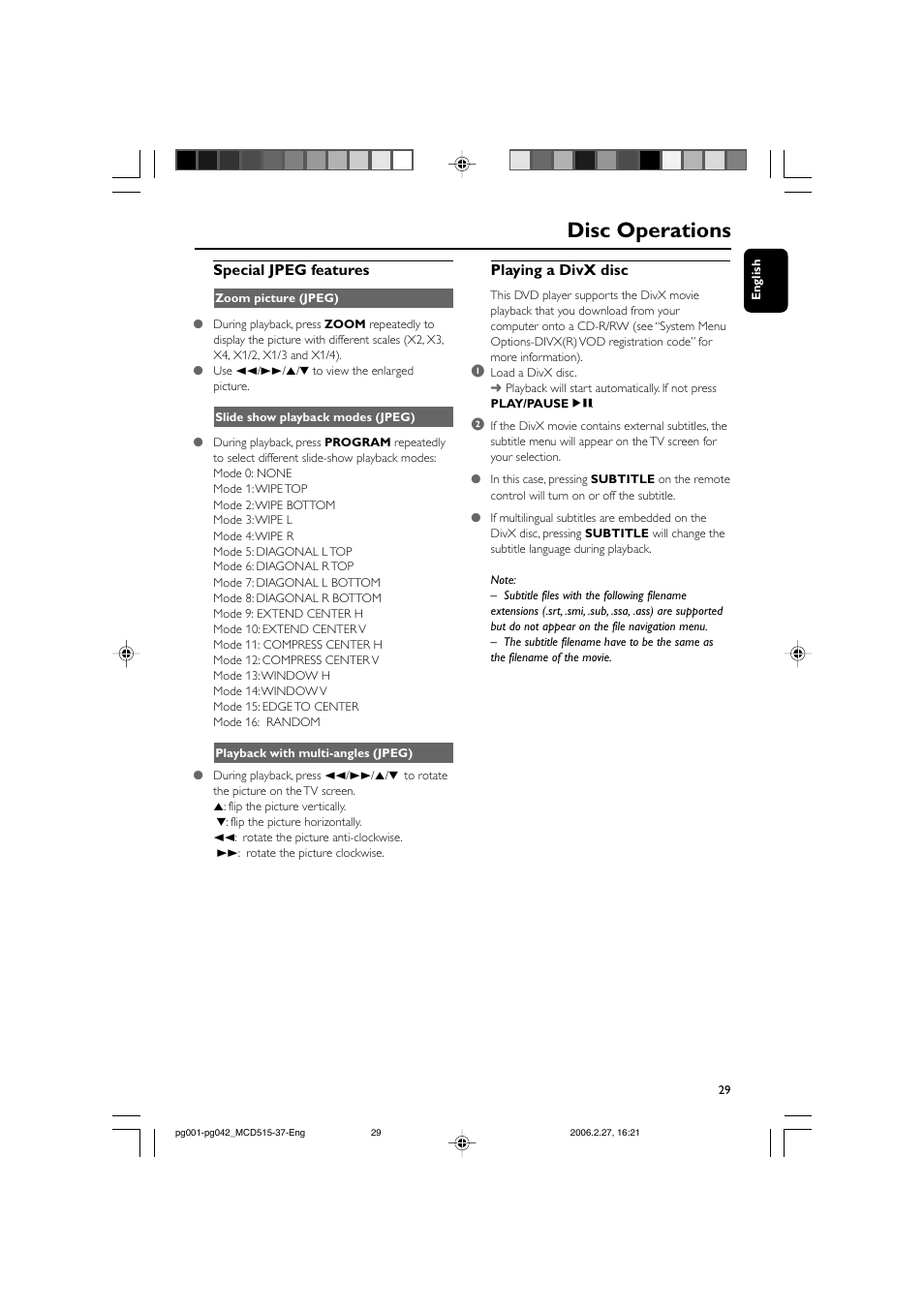 Disc operations, Special jpeg features, Playing a divx disc | Philips MCD515-37 User Manual | Page 29 / 42