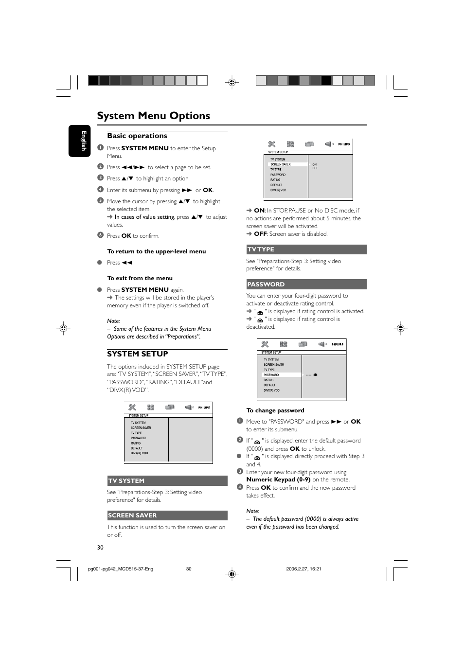 System menu options, Basic operations 1, System setup | Philips MCD515-37 User Manual | Page 30 / 42