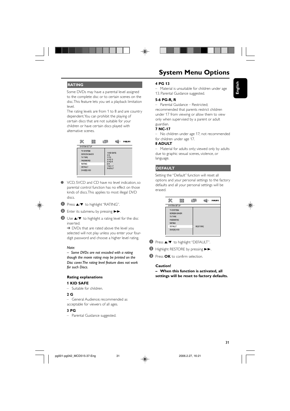 System menu options | Philips MCD515-37 User Manual | Page 31 / 42