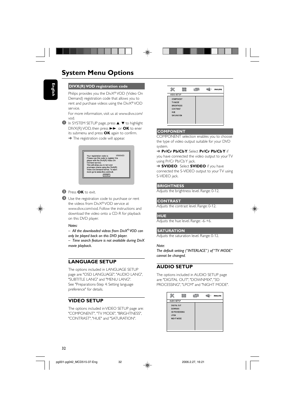 System menu options, Language setup, Video setup | Audio setup | Philips MCD515-37 User Manual | Page 32 / 42
