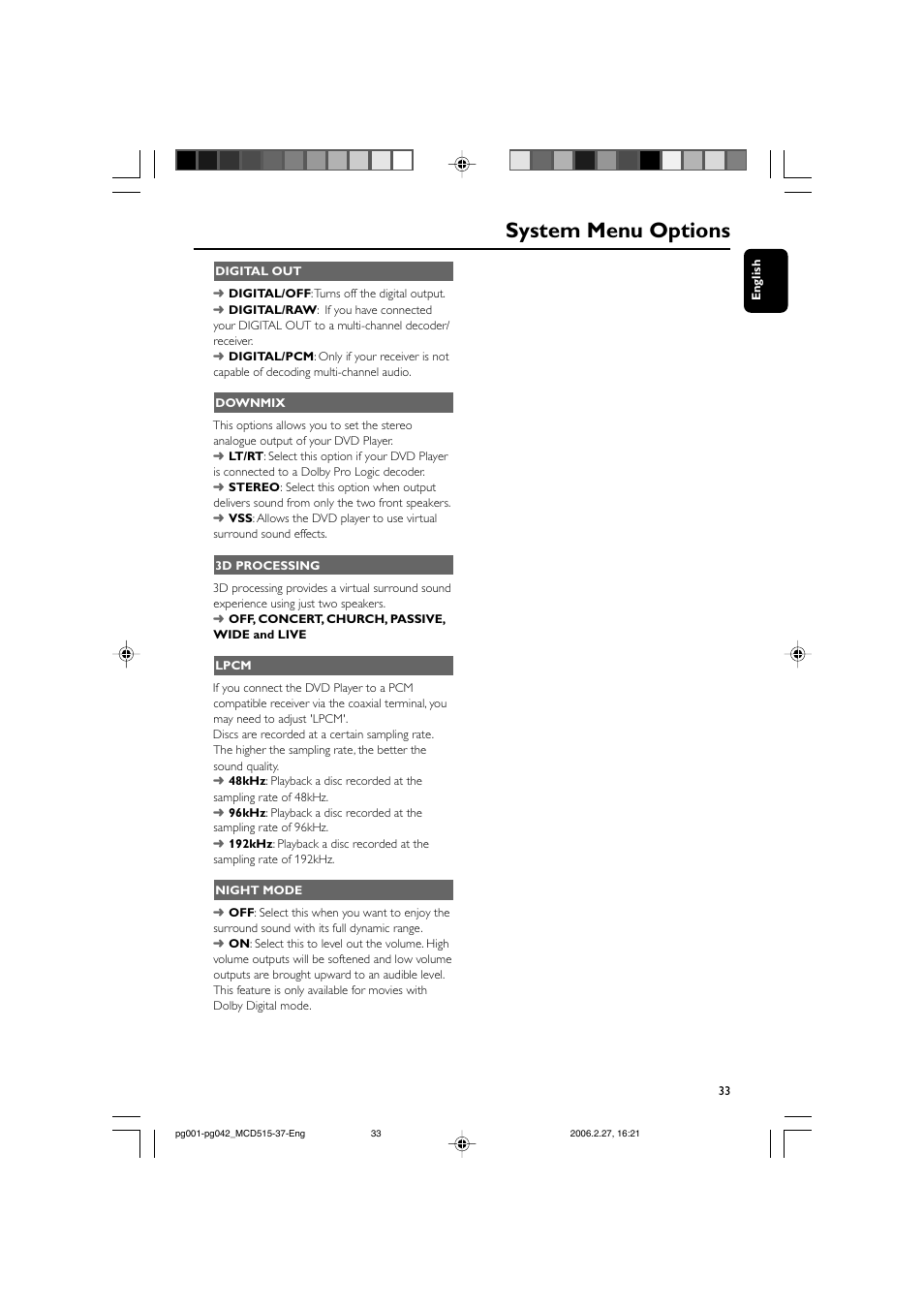 System menu options | Philips MCD515-37 User Manual | Page 33 / 42