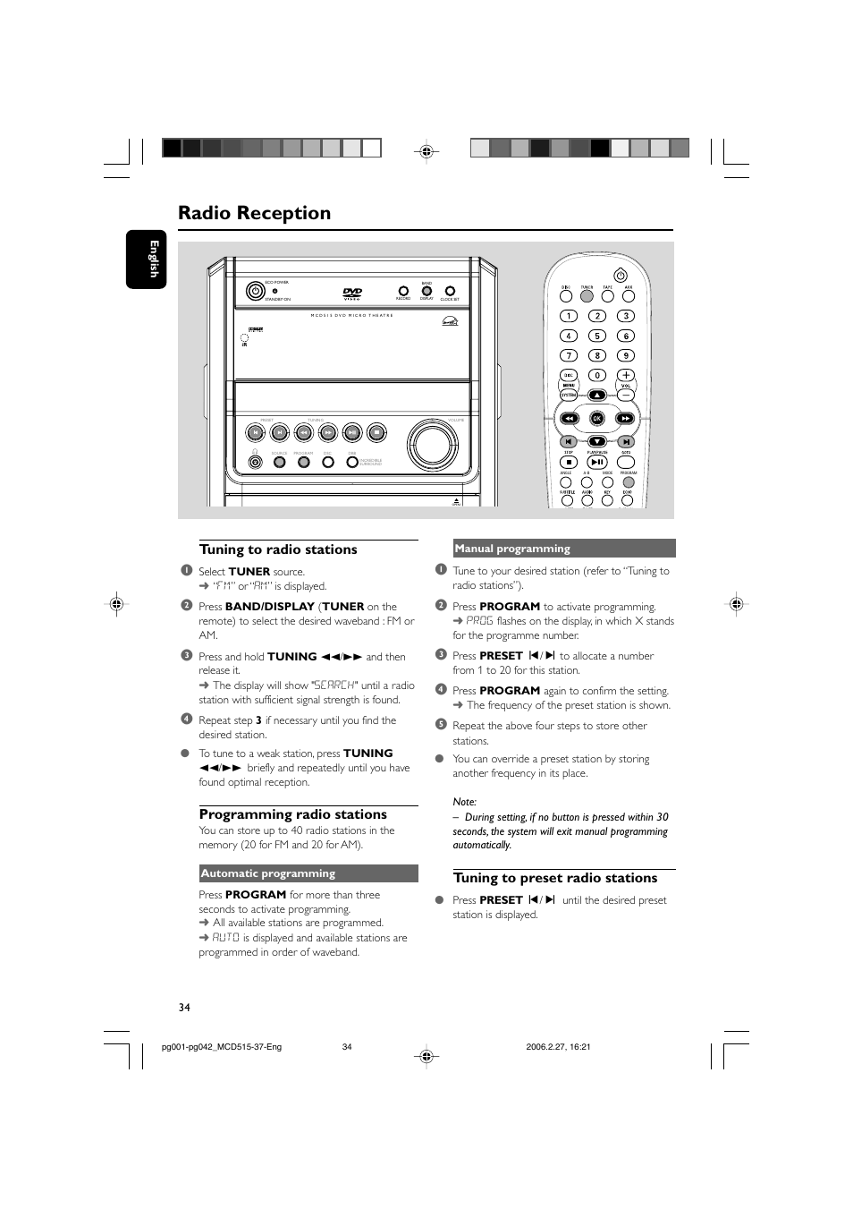 Radio reception, Tuning to radio stations 1, Programming radio stations | Tuning to preset radio stations | Philips MCD515-37 User Manual | Page 34 / 42