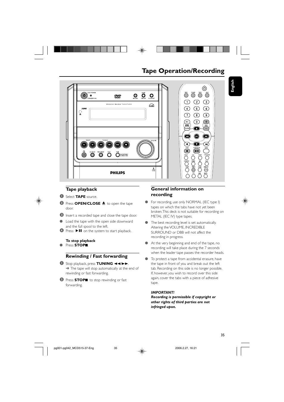 Tape operation/recording, Tape playback 1, Rewinding / fast forwarding 1 | General information on recording | Philips MCD515-37 User Manual | Page 35 / 42