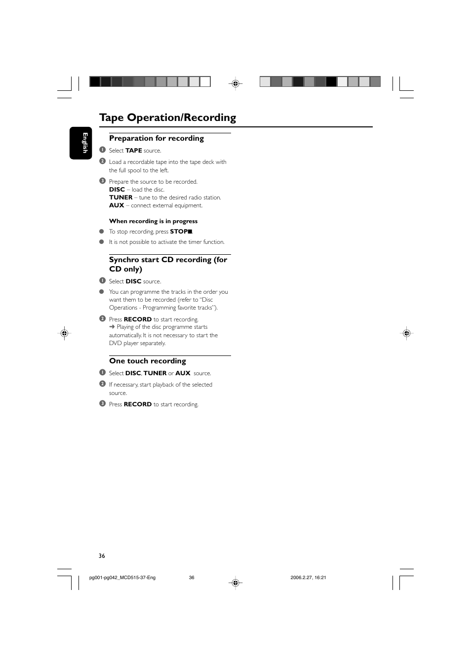 Tape operation/recording | Philips MCD515-37 User Manual | Page 36 / 42