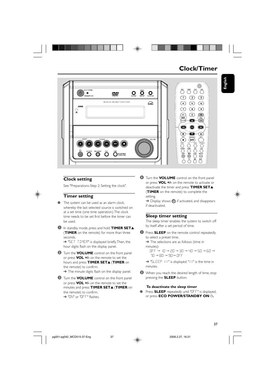 Clock/timer, Clock setting, Timer setting | Sleep timer setting | Philips MCD515-37 User Manual | Page 37 / 42