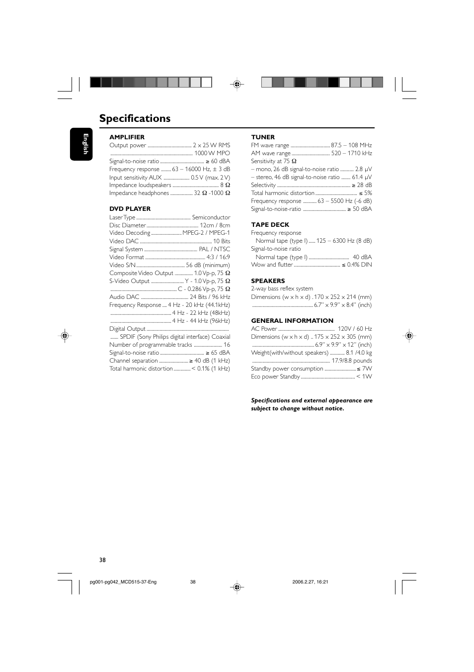 Specifications | Philips MCD515-37 User Manual | Page 38 / 42