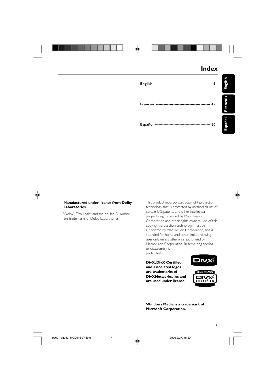 Index | Philips MCD515-37 User Manual | Page 7 / 42