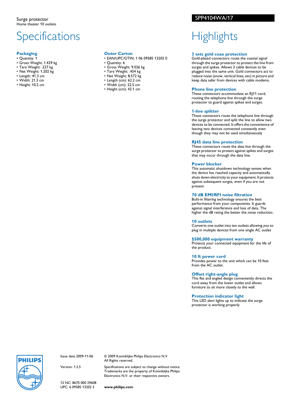 Specifications, Highlights | Philips SPP4104WA-17 User Manual | Page 2 / 2