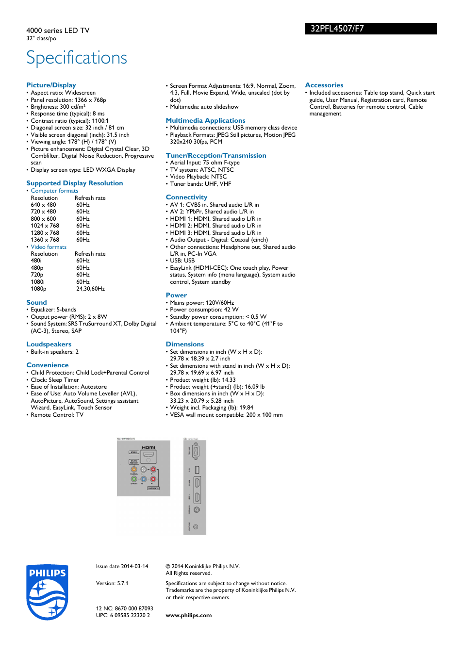 Specifications | Philips 32PFL4507-F7 User Manual | Page 3 / 3