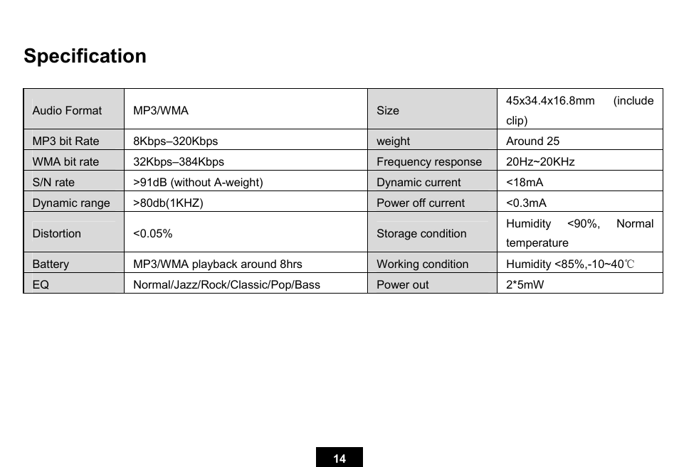 Specification | Ativa KS02 User Manual | Page 18 / 39