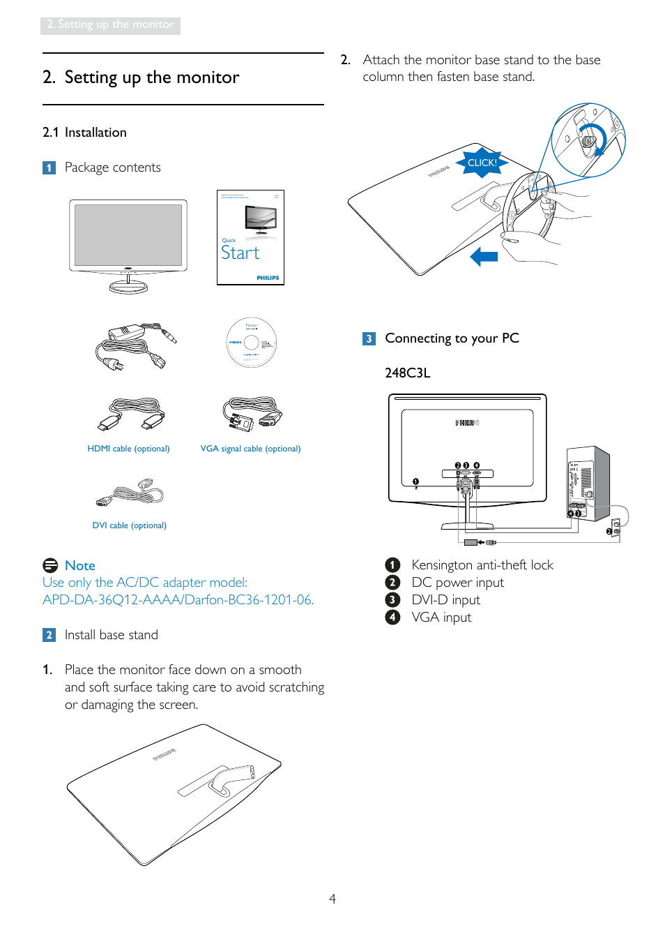 Start, Setting up the monitor, 1 installation package contents | Philips Brilliance LCD monitor with LED 248C3LSB Moda 23.6" - 59.9 cm Full HD display with SmartImage User Manual | Page 6 / 48