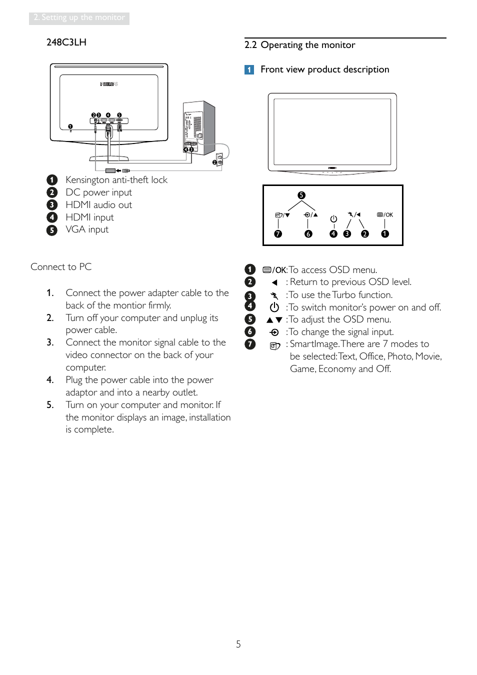 Philips Brilliance LCD monitor with LED 248C3LSB Moda 23.6" - 59.9 cm Full HD display with SmartImage User Manual | Page 7 / 48