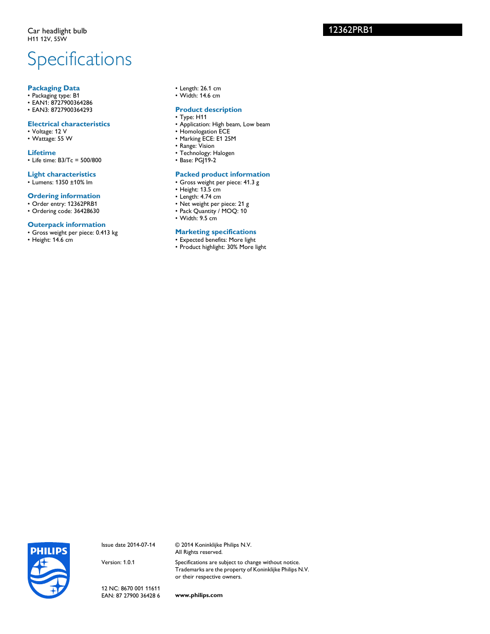 Specifications | Philips 12362PRB1 User Manual | Page 3 / 3