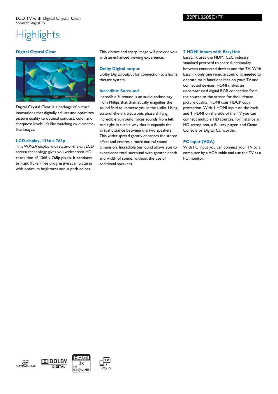 Highlights | Philips 22PFL3505D-F7 User Manual | Page 2 / 3