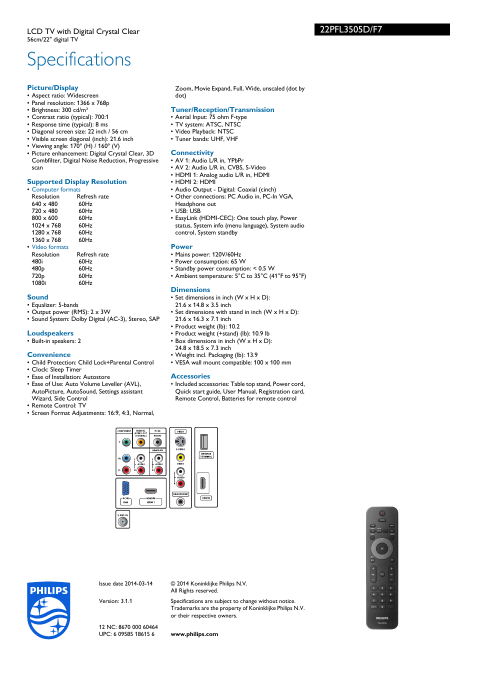 Specifications | Philips 22PFL3505D-F7 User Manual | Page 3 / 3