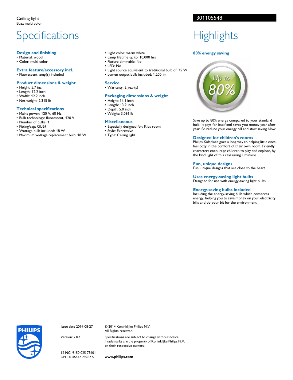 Specifications, Highlights | Philips 301105548 User Manual | Page 2 / 2