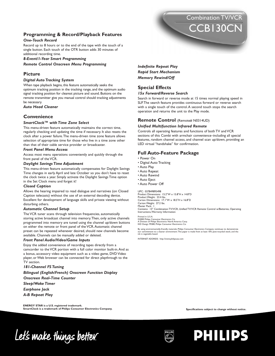 Ccb130cn, Combination tv/vcr | Philips CCB130CN99 User Manual | Page 2 / 2