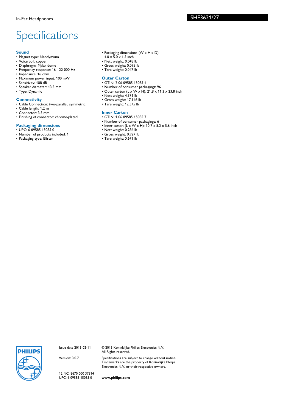 Specifications | Philips SHE3621-27 User Manual | Page 2 / 2