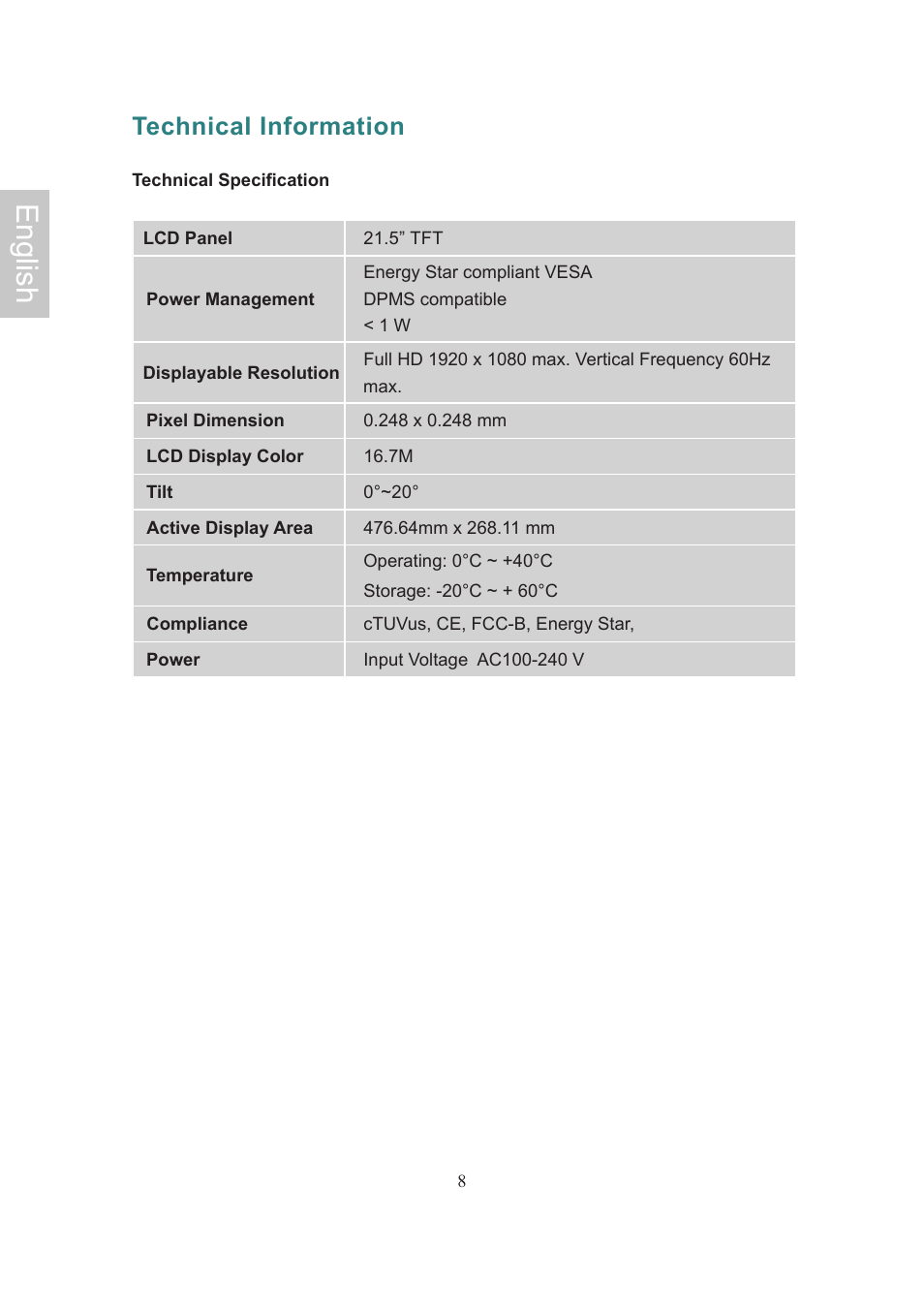 English, Technical information | Ativa AT22OH User Manual | Page 11 / 39