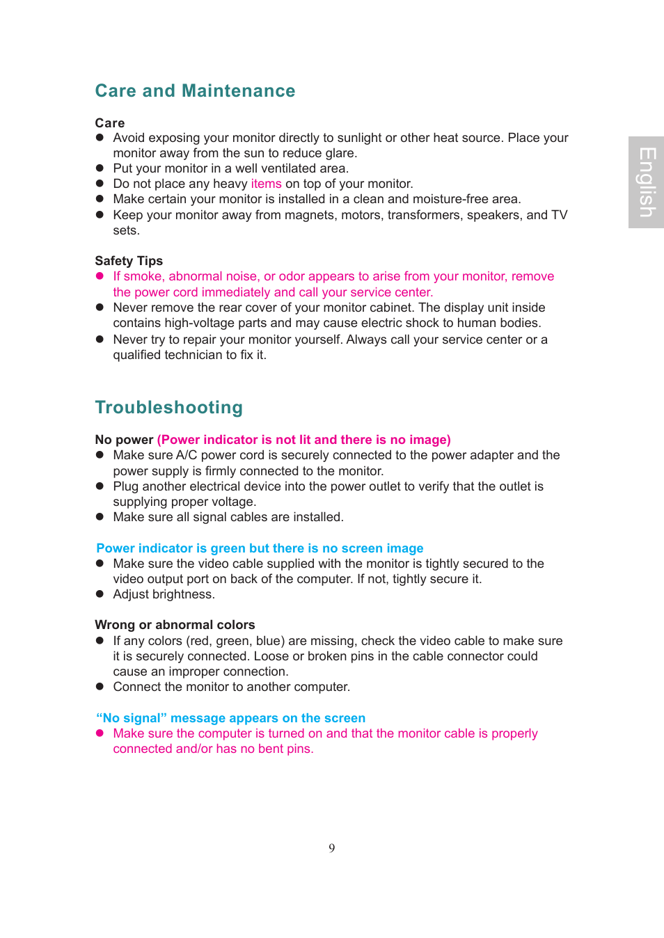 English, Care and maintenance, Troubleshooting | Ativa AT22OH User Manual | Page 12 / 39