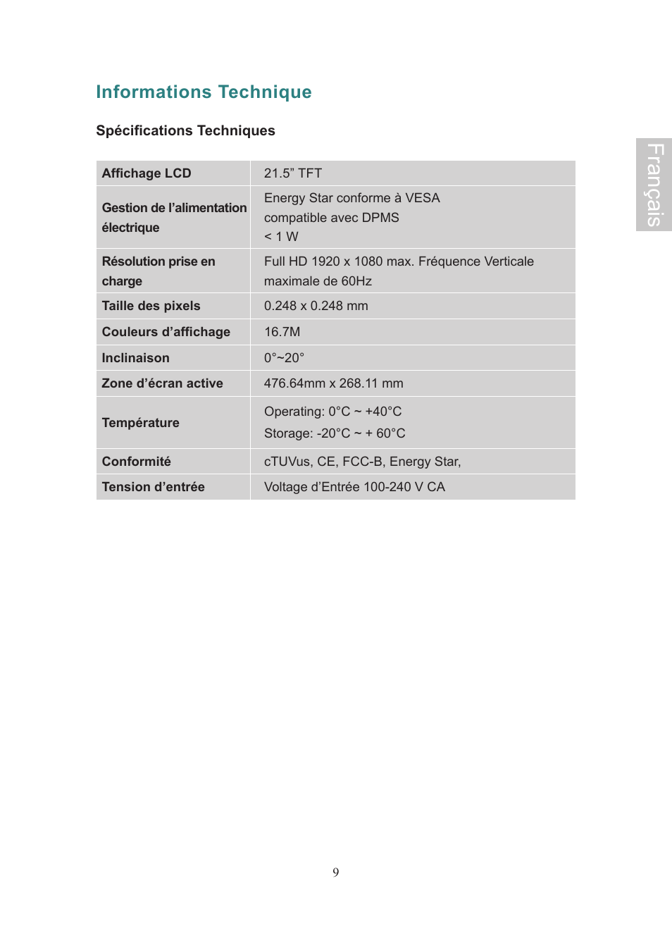 Français, Informations technique | Ativa AT22OH User Manual | Page 24 / 39