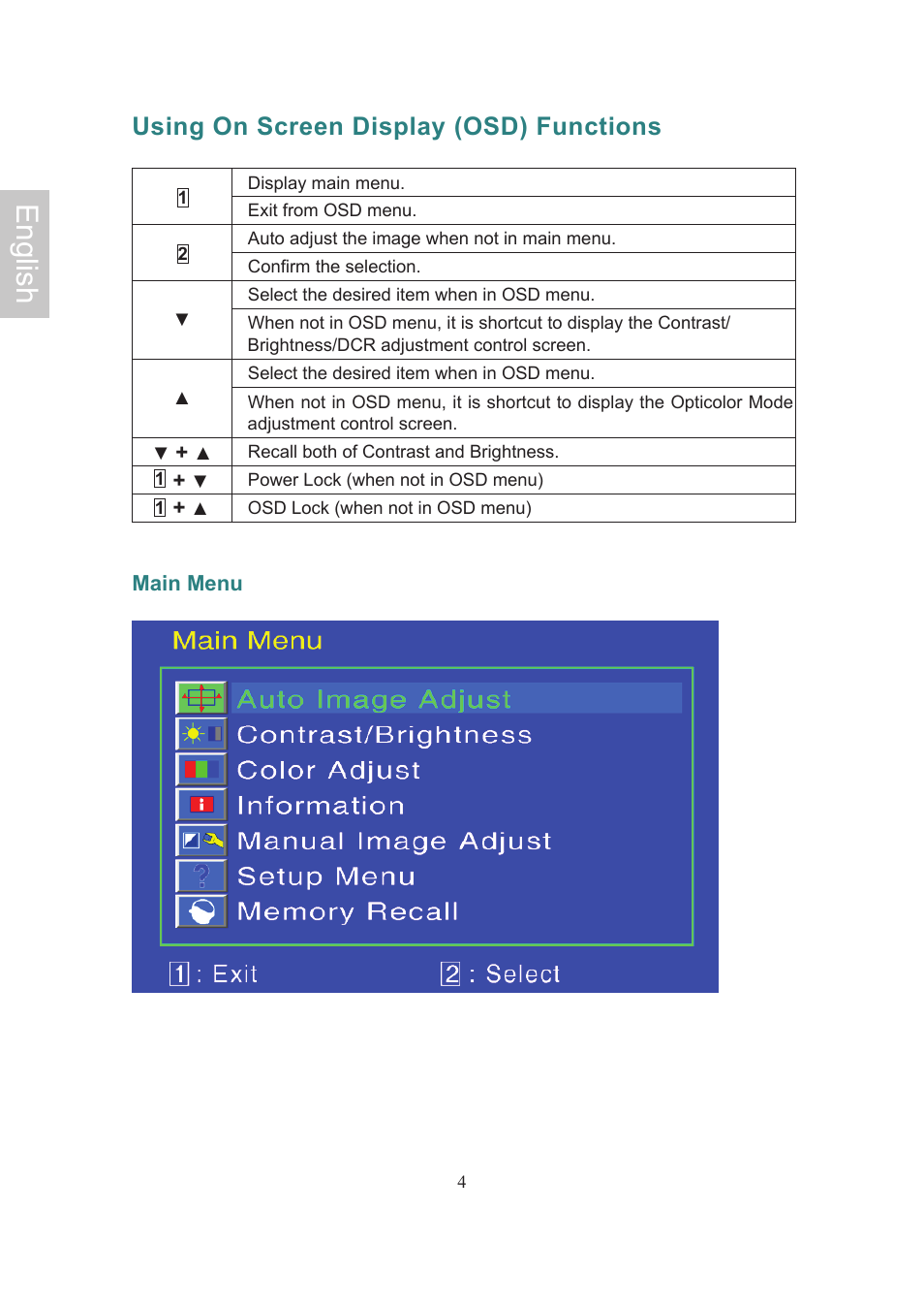 English, Using on screen display (osd) functions | Ativa AT22OH User Manual | Page 7 / 39