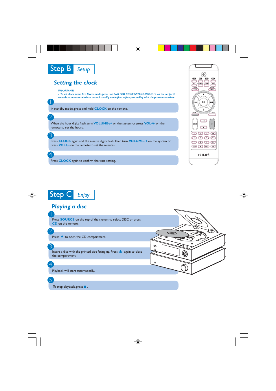 Setting the clock, 43 2 1 playing a disc | Philips MCM704D-37 User Manual | Page 3 / 4