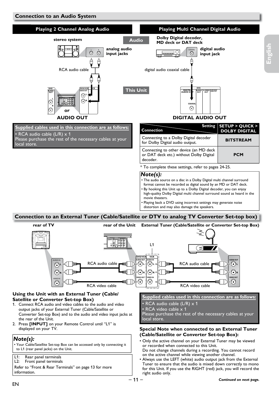 Connection to an audio system, English français español, Audio this unit | Philips DVD-VCR Player DVP3355V User Manual | Page 11 / 30