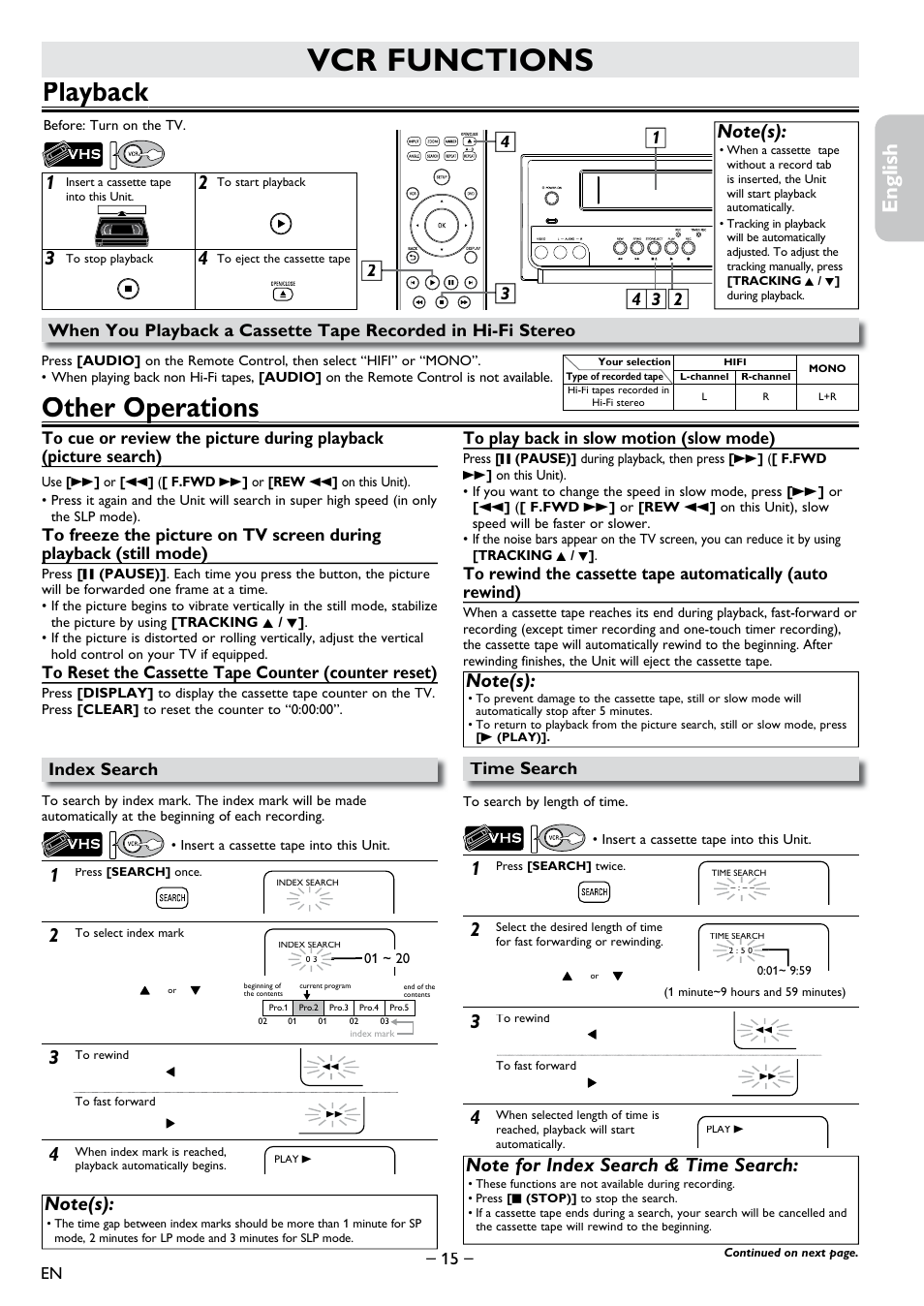 Vcr functions, Playback, Other operations | Index search, Time search, Playback y, Other operations p, English français español | Philips DVD-VCR Player DVP3355V User Manual | Page 15 / 30