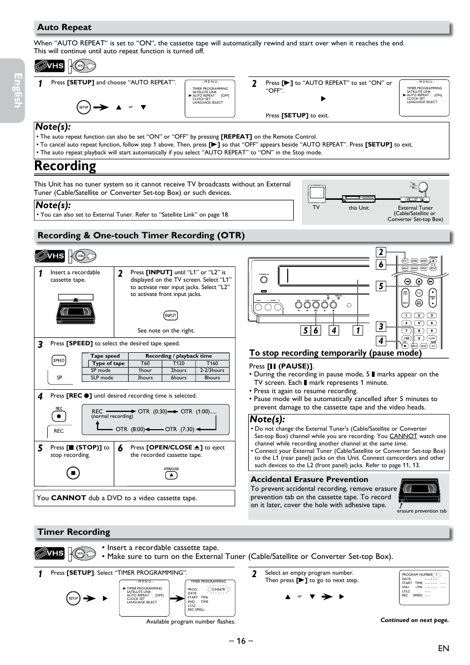 Auto repeat, Recording, Recording & one-touch timer recording (otr) | Timer recording, Recordingg, Español français english, Accidental erasure prevention | Philips DVD-VCR Player DVP3355V User Manual | Page 16 / 30