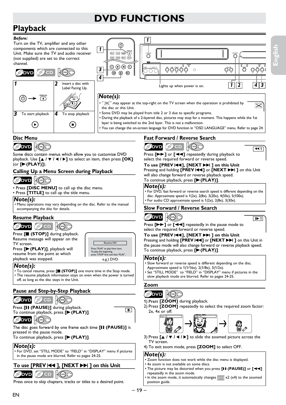 Dvd functions, Playback, Playback y | English français español | Philips DVD-VCR Player DVP3355V User Manual | Page 19 / 30