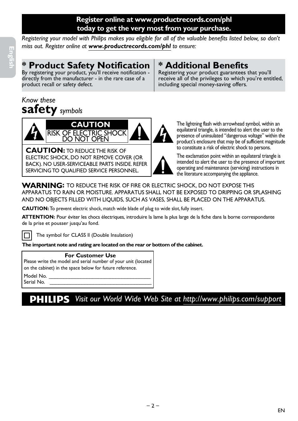 Saftey information, Safety, Additional benefits | Product safety notification | Philips DVD-VCR Player DVP3355V User Manual | Page 2 / 30