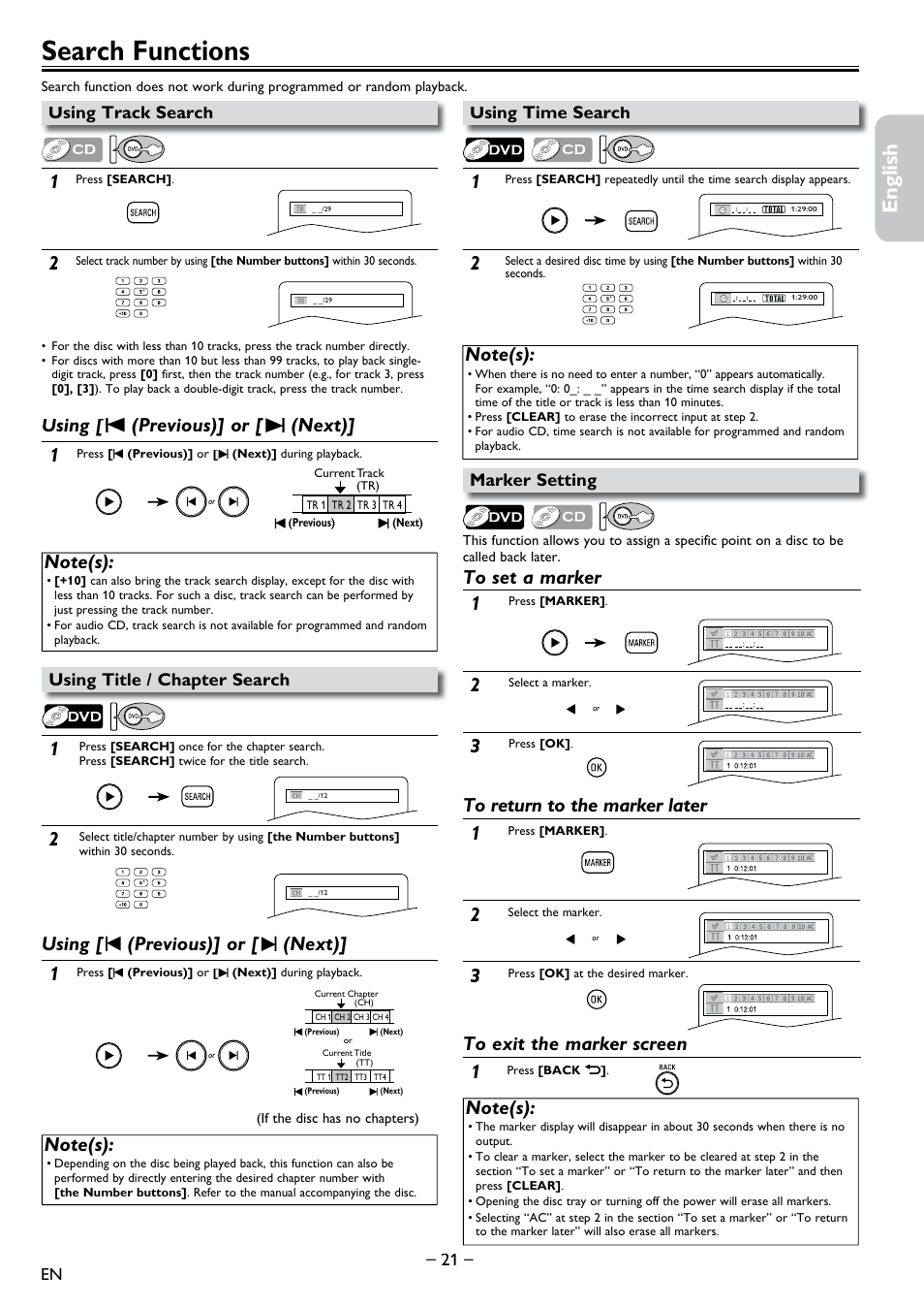 Search functions, Using track search, Using title / chapter search | Using time search, Marker setting, English français español, Using [ s (previous)] or [ t (next) | Philips DVD-VCR Player DVP3355V User Manual | Page 21 / 30