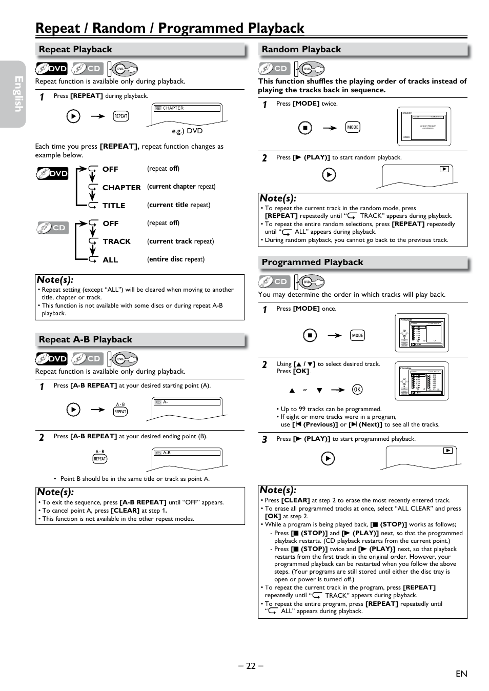 Repeat / random / programmed playback, Repeat playback, Repeat a-b playback | Random playback, Programmed playback, Repeat / random / programmed playback p g y, Español français english | Philips DVD-VCR Player DVP3355V User Manual | Page 22 / 30